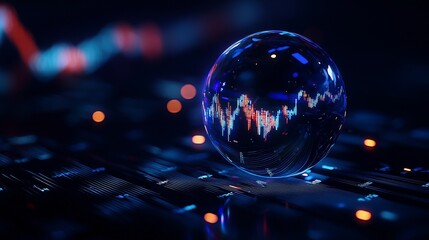Hyperrealistic crystal sphere floating over a stock market graph, candlestick chart glowing inside, dark background with digital data overlay
