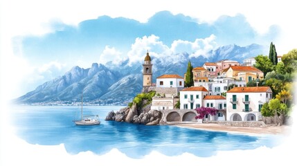 Fototapeta premium Scenic coastal village with colorful houses, mountains, and a sailboat under a bright blue sky