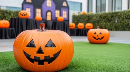 Obraz premium Festive Halloween Decorations with Pumpkins and Haunted House Display