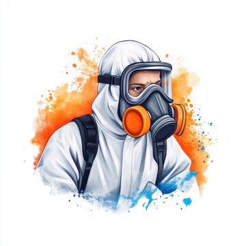 Protective Worker in Safety Gear with Gas Mask Facing Potential Hazards in a Colorful Abstract Environment