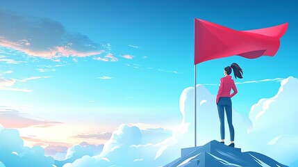 Obraz premium International Women's Day Inspiration Leadership Strength Woman standing on mountain top with red flag.