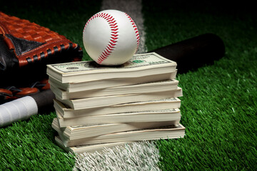 Baseball on a pile of money on grass field with a bat and mitt at a low angle view