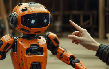 A man scolds a small orange robot with his hand by pointing at it, while the robot gazes at the hand with curiosity or fear
