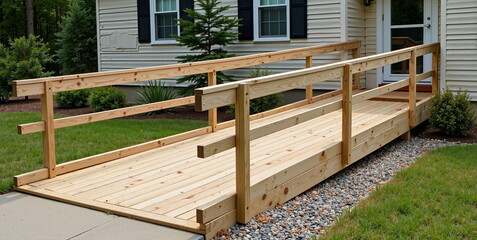 Wooden wheelchair ramp outside a house
