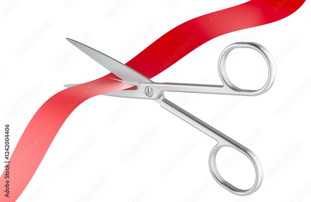Poster scissors cutting red silk ribbon, 3d rendering isolated on transparent background