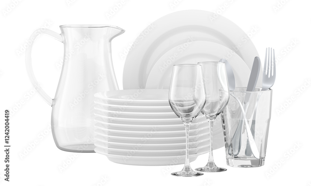 Poster set of clean tableware, dishes. 3d rendering isolated on transparent background
