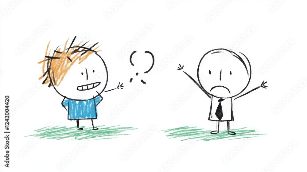 Poster two cartoon characters engaging in a conversation with different emotions and expressions on a white