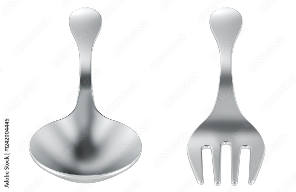 Aufkleber spoon and fork, front view. 3d rendering isolated on transparent background