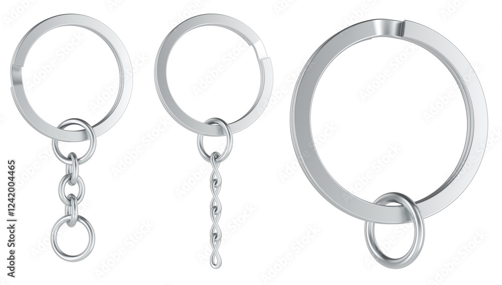 Fototapete split keyrings with chain keychain ring. different types. 3d rendering isolated on transparent backg