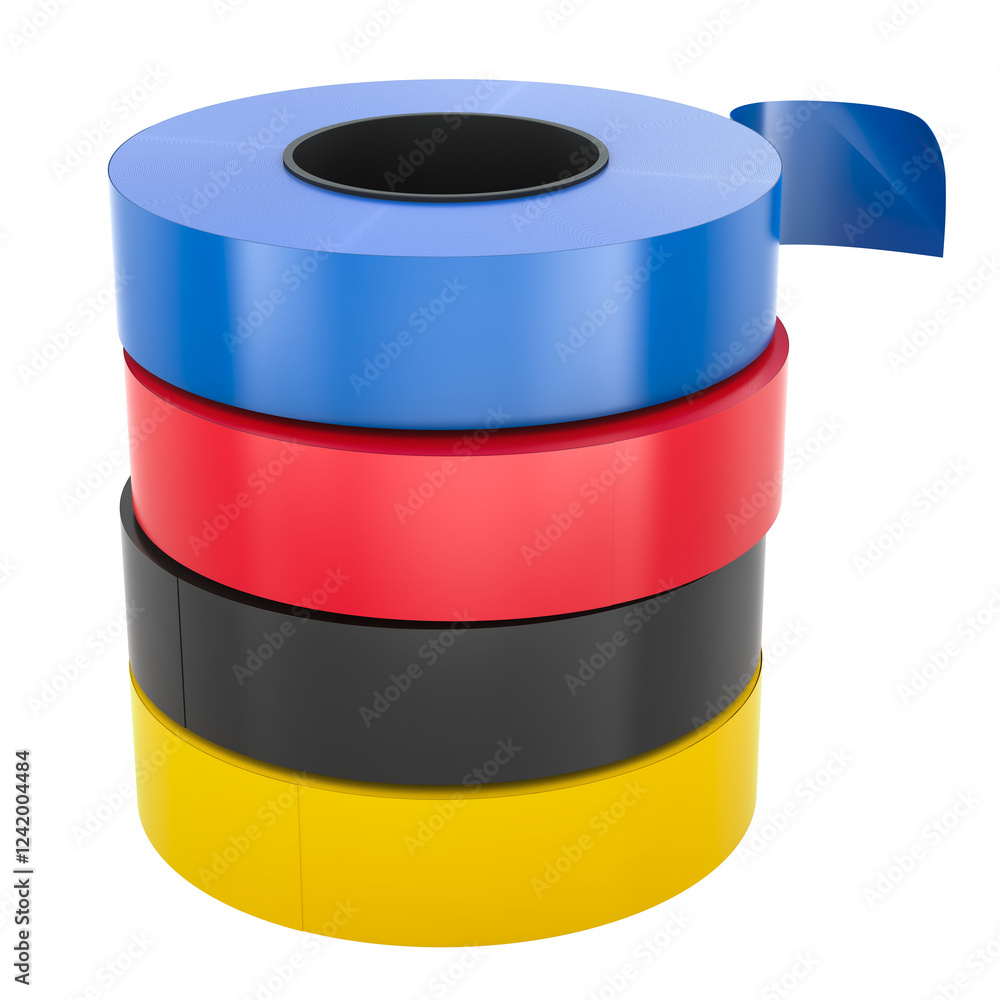 Poster stack of colored electrical tapes, insulating tapes. 3d rendering isolated on transparent background