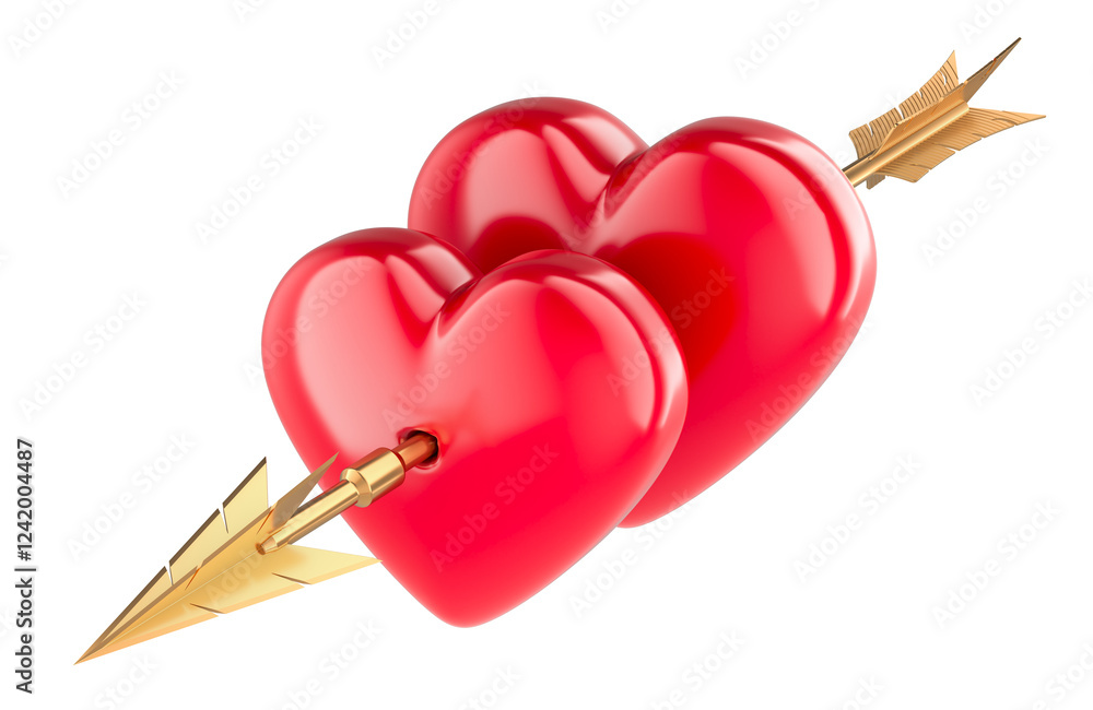Aufkleber two red hearts pierced together by arrow. 3d rendering isolated on transparent background