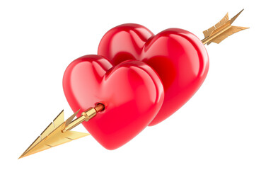 Two Red Hearts pierced together by arrow. 3D rendering isolated on transparent background
