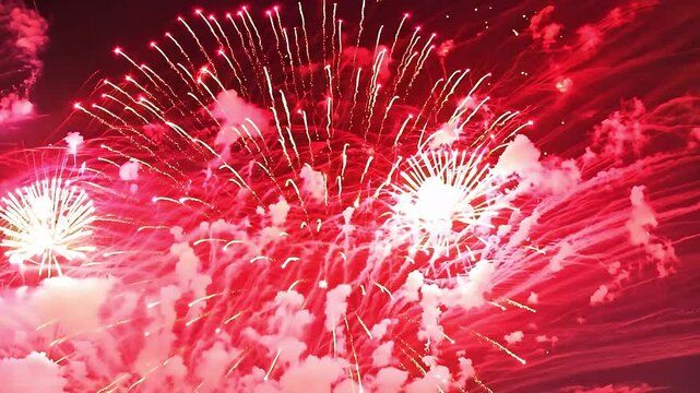 Bright golden fireworks bursting in the night sky. Festive celebration photography