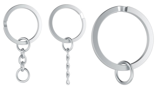 Split Keyrings with Chain Keychain Ring. Different types. 3D rendering isolated on transparent background