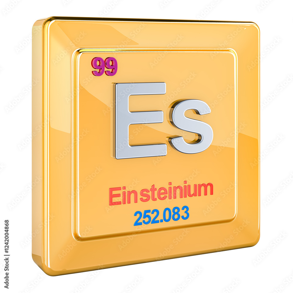 Poster einsteinium es, chemical element sign with number 99 in periodic table. 3d rendering isolated on tra