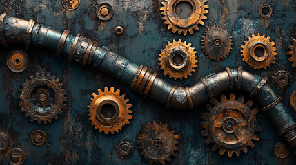 A steampunk-inspired composition featuring rusty gears and metal pipes arranged on a worn industrial surface with a vintage feel

