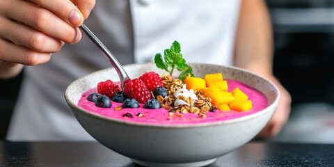 Naklejka premium A vibrant bowl of smoothie topped with granola, berries, and mango, showcasing a healthy and colorful breakfast option.