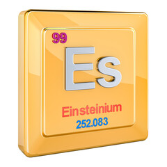 Einsteinium Es, chemical element sign with number 99 in periodic table. 3D rendering isolated on transparent background