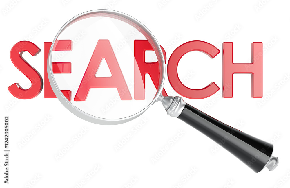 Poster search with magnifying glass. 3d rendering isolated on transparent background