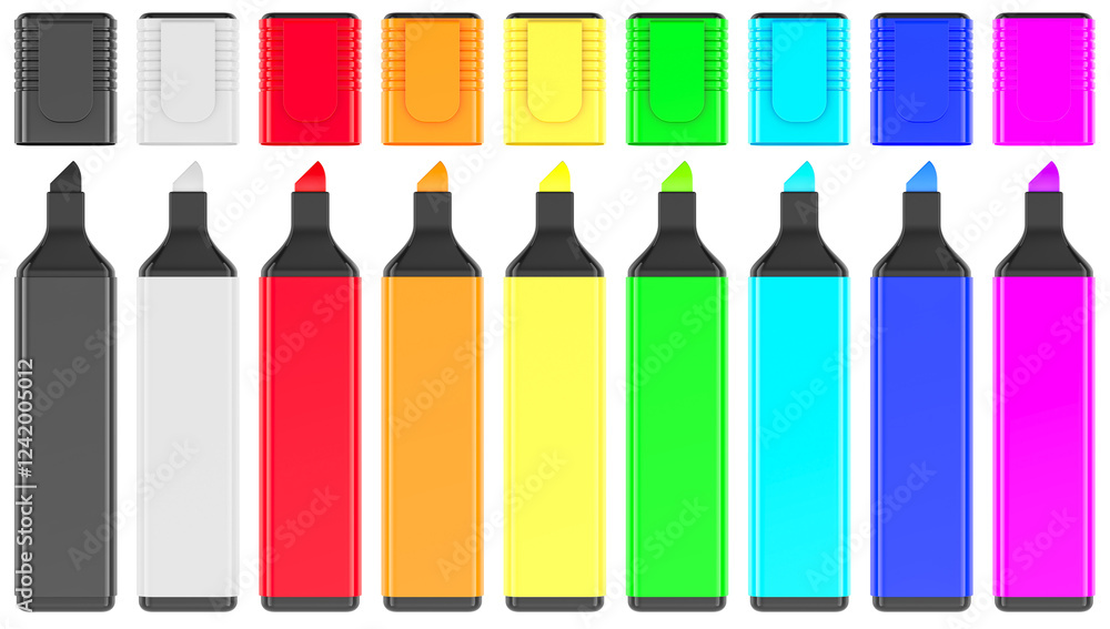 Poster set of colored permanent markers, 3d rendering isolated on transparent background