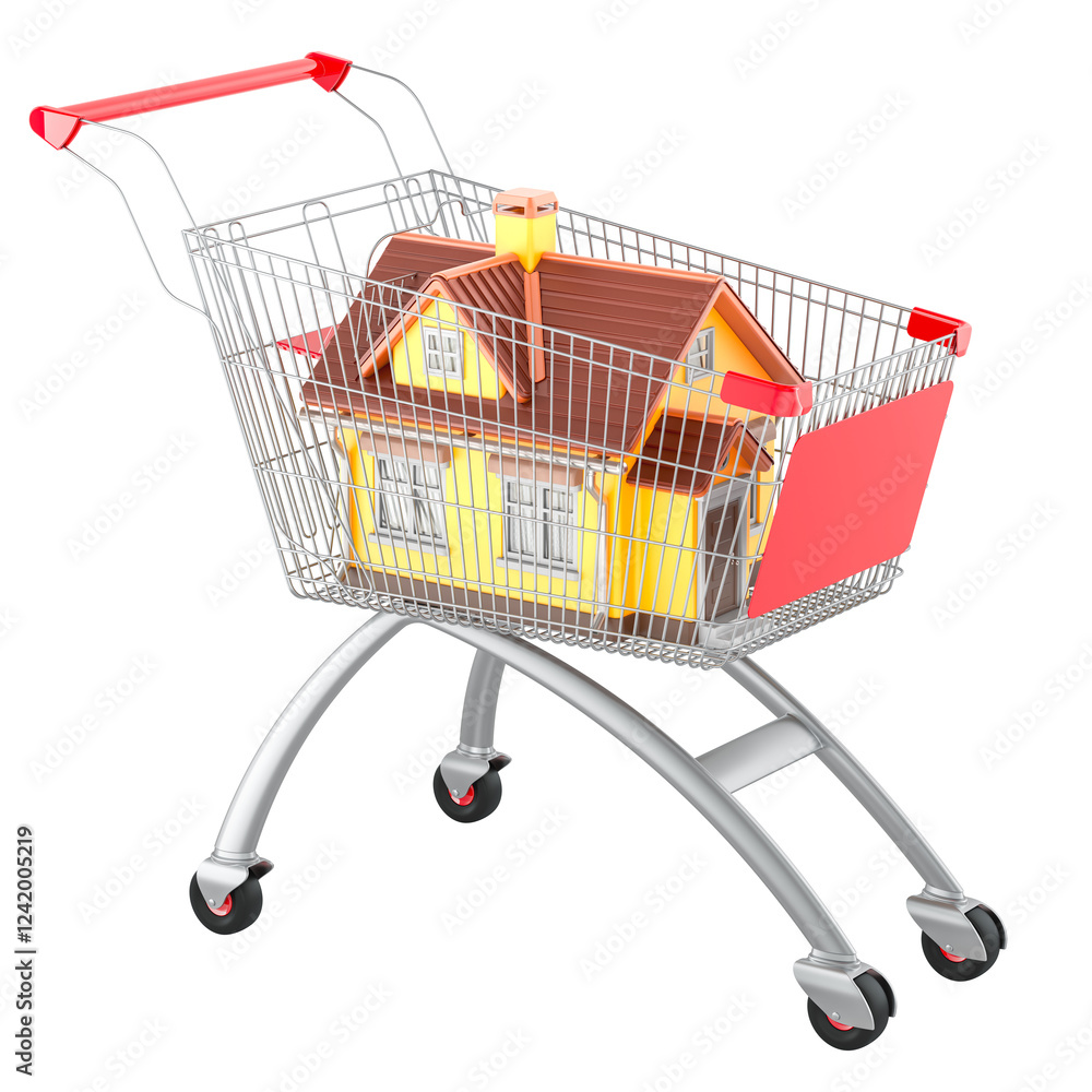 Poster shopping cart with home, 3d rendering isolated on transparent background