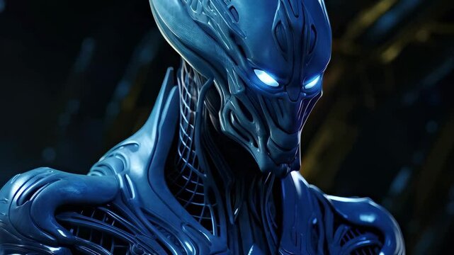 Futuristic alien creature with glowing blue eyes on dark background. Science fiction character design for Halloween, Comic Con, gaming event, sci-fi convention and movie 