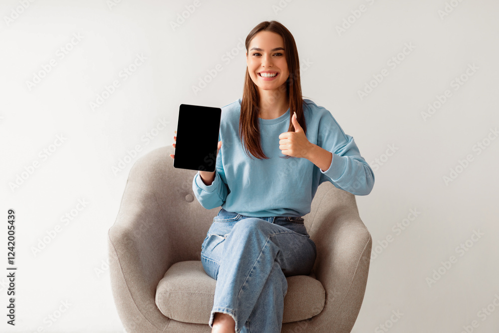 Poster charming millennial woman showing tablet pc with empty screen, gesturing thumb up in cozy armchair o