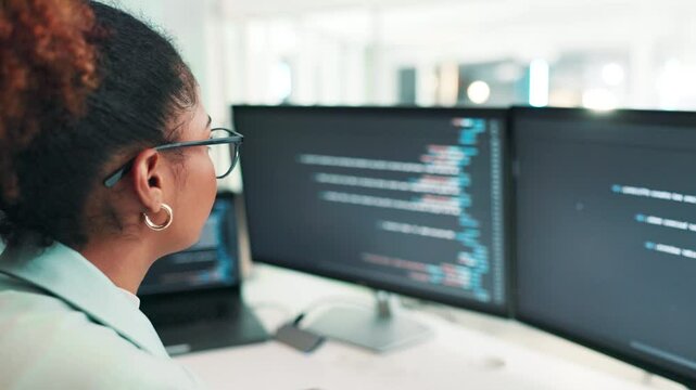 Screen, it support programmer or woman on computer for coding research, project or cybersecurity update. Back, system or developer on technology for web development, programming or building software