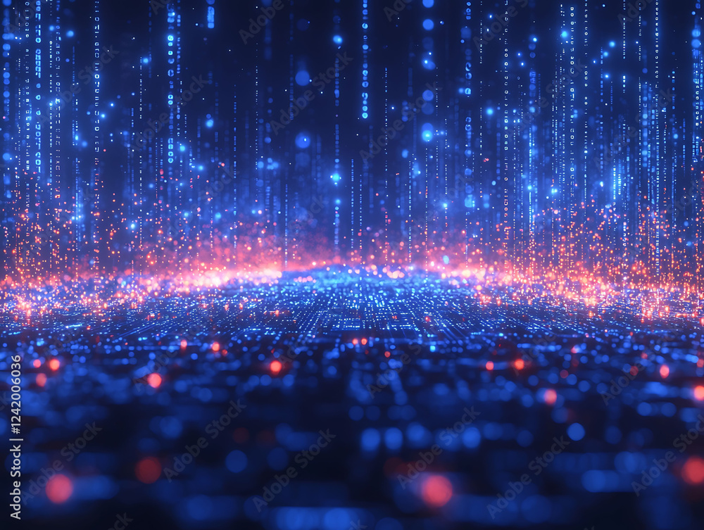 Poster stunning abstract digital art depicting a futuristic cityscape illuminated by binary code rain. perf