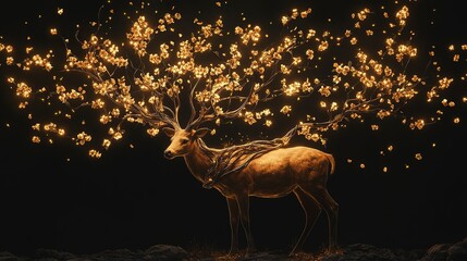 Majestic deer with antlers made of twisted vines and glowing flowers stands in a mystical forest setting