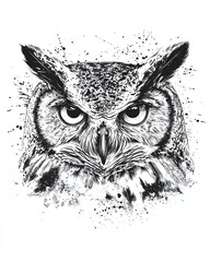 Obraz premium Black and white illustration of a owl head, wise eyes, stipple style, detailed feathers, nocturnal essence, textured shading, no watermark, no brand, no copyright