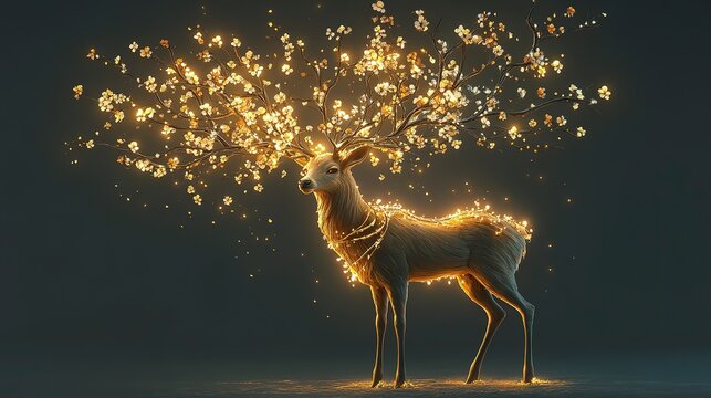 Majestic deer with vine antlers and glowing flowers in a mystical forest at twilight