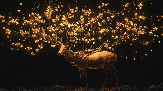 Majestic deer with antlers made of twisted vines and glowing flowers stands in a mystical forest setting