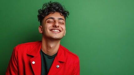 Cheerful young Middle Eastern man with short black hair in a bright red jacket standing against a solid green background