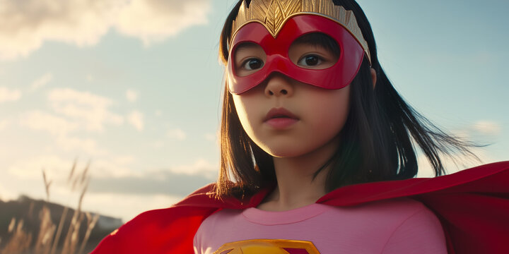 Ni&ntilde;a asiatica con capa roja y antifaz con un disfraz de superheroina durante carnaval