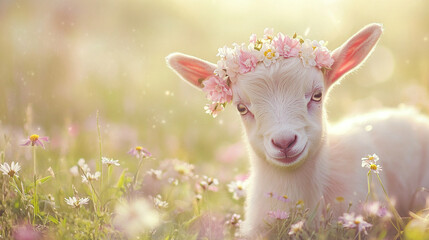 Obraz premium Adorable white baby goat with a delicate floral crown made of pink and white blossoms, gazing curiously into the camera against a softly blurred green meadow backdrop