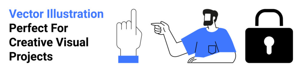 Hand gesturing up, man in blue casual shirt pointing right, large padlock symbolizing security. Ideal for communication, navigation, user interface, teamwork, data privacy, safety concepts flat