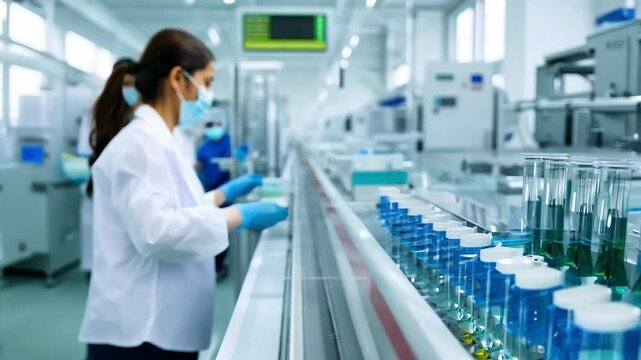 Modern laboratory with scientists in protective gear working near production equipment and rows of sample vials. Pharmaceutical research and development concept.