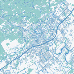 Map of New Braunfels in Texas in a professional blue style. Contains layered vector with roads water, parks, etc.