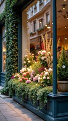 Fototapeta premium Charming floral display in urban shopfront with lush greenery
