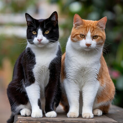 Two cats sitting in the garden. 