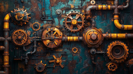 A detailed steampunk-inspired metal wall with interconnected rusty gears and pipes in an industrial style
