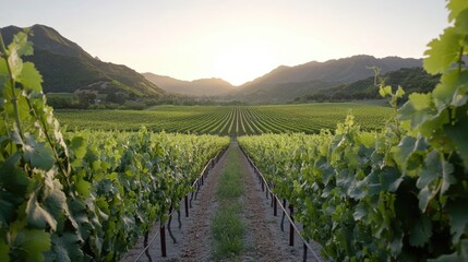 Naklejka premium Sunset illuminates a vineyard with neatly organized rows of grapevines stretching across the land
