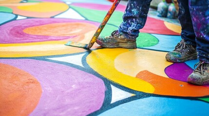 Fototapeta premium Vivid Hands Painting Colorful Mural on Bright Floor Surface