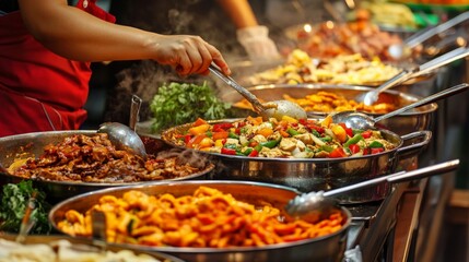 Obraz premium Vibrant Street Food Stall with Diverse Dishes and Colorful Ingredients