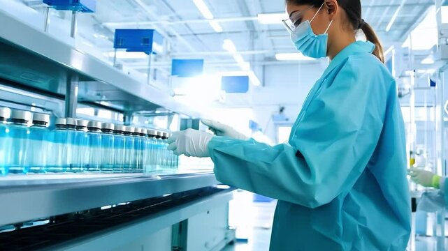 Female scientists in protective gear working near a pharmaceutical production line with rows of glass vials. Laboratory research and manufacturing concept