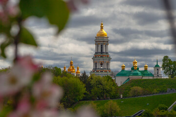 Beautiful kyiv in spring , Kyivo-Pecherska lavra  with apple blossom trees