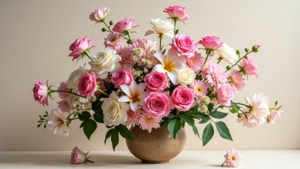 Fototapeta premium Elegant pink and white floral arrangement in clay vase on a soft background