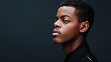 A striking portrait showcasing a young black mans profile against a rich black backdrop, highlighting his features beautifully.