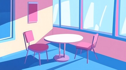 Fototapeta premium Sunny cafe, two chairs, table, city view